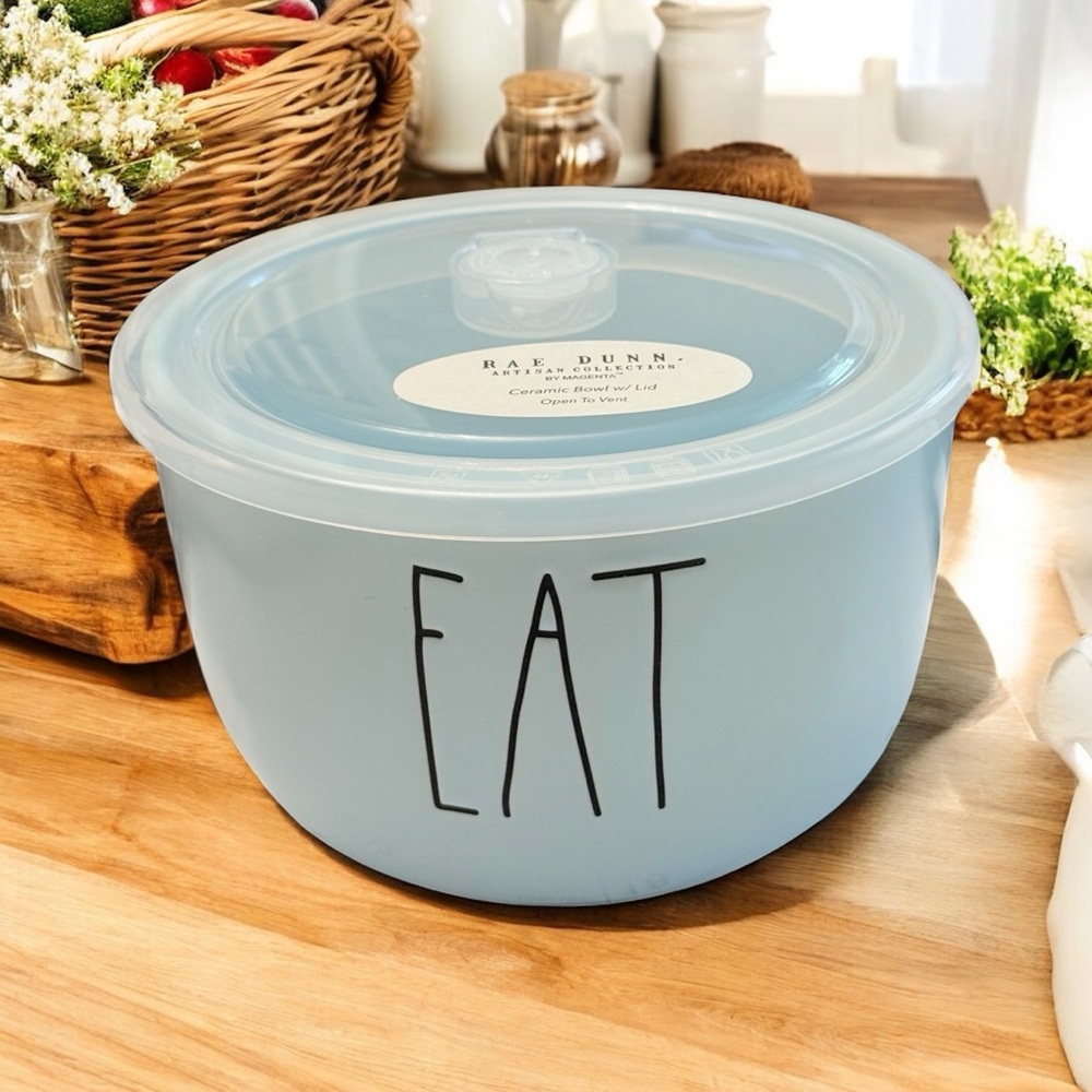 NEW Rae Dunn EAT Blue Ceramic Food Storage Bowl With Vented Lid - 4” Deep 7” Wid